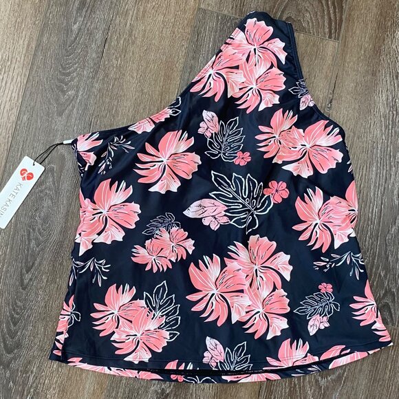 Floral One-Shoulder Tank Top By Kate Kasin Navy With Pink Tropical Print NWT 2X - Picture 3 of 5